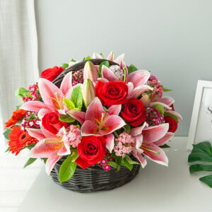 basket-of-pink-lilies-and-red-roses