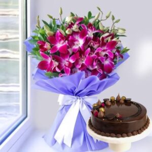 purple-orchid-bouquet-and-chocolate-cake
